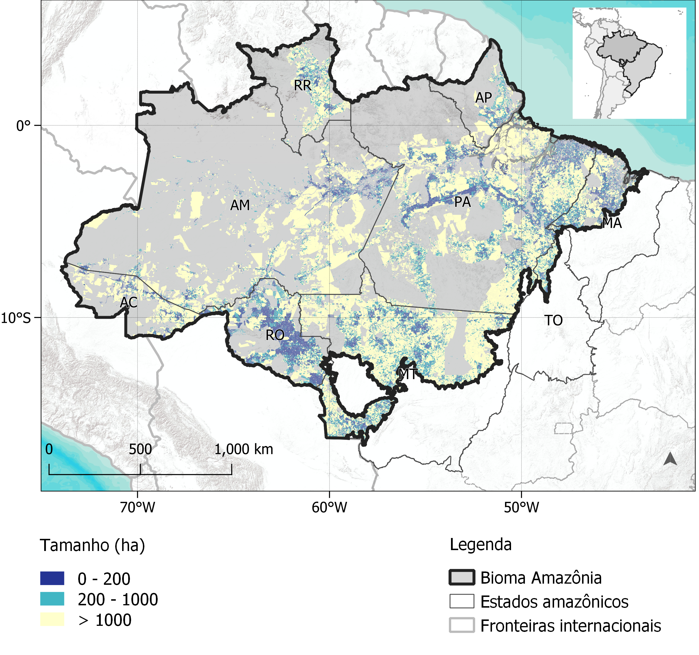 Figura 1: Propriedades rurais e assentamentos no bioma Amazônia. Elaboração dos autores com dados Incra e CAR/SFB